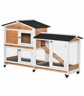 Wooden Rabbit Hutch Guinea Pig Cage Wheels, Run, Slide-Out Tray, Ramp Pawhut