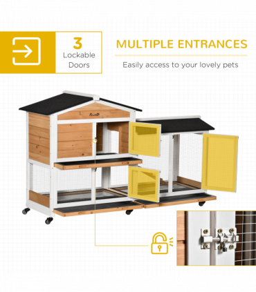 Wooden Rabbit Hutch Guinea Pig Cage Wheels, Run, Slide-Out Tray, Ramp Pawhut