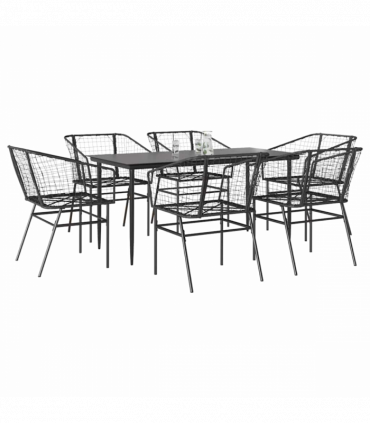 vidaXL 7 Piece Garden Dining Set Black Poly Rattan Glass