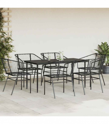 vidaXL 7 Piece Garden Dining Set Black Poly Rattan Glass