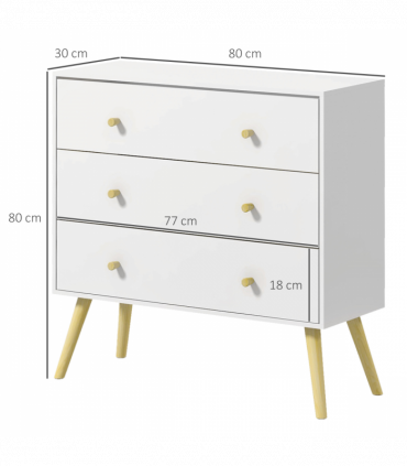 Chest of Drawers 3-Drawer Dresser Storage Organiser with Wood Legs, White