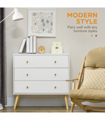 Chest of Drawers 3-Drawer Dresser Storage Organiser with Wood Legs, White