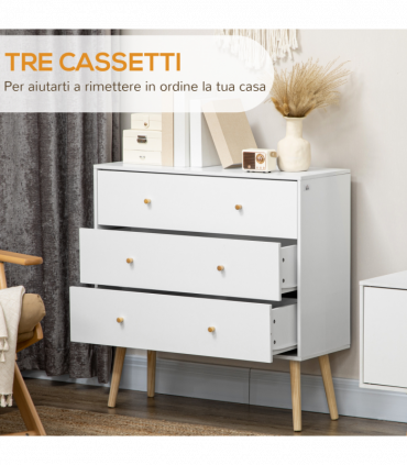 Chest of Drawers 3-Drawer Dresser Storage Organiser with Wood Legs, White