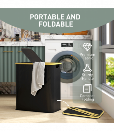 HOMCOM 80L Collapsible Laundry Hamper, Washing Basket for Bathroom, Black