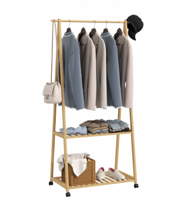 HOMCOM Bamboo Clothes Rail Rack with 2 Storage Shelves, Natural Wood Effect