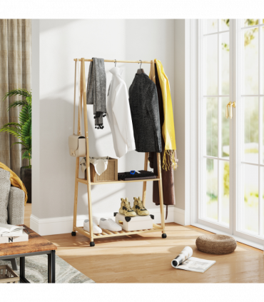 HOMCOM Bamboo Clothes Rail Rack with 2 Storage Shelves, Natural Wood Effect