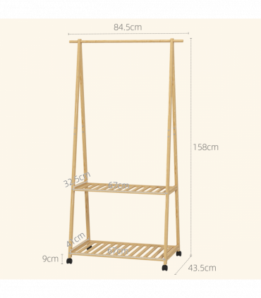 HOMCOM Bamboo Clothes Rail Rack with 2 Storage Shelves, Natural Wood Effect