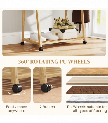 HOMCOM Bamboo Clothes Rail Rack with 2 Storage Shelves, Natural Wood Effect