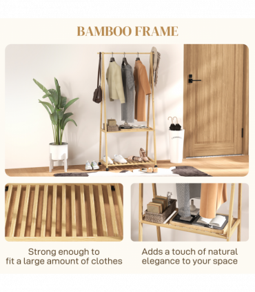 HOMCOM Bamboo Clothes Rail Rack with 2 Storage Shelves, Natural Wood Effect