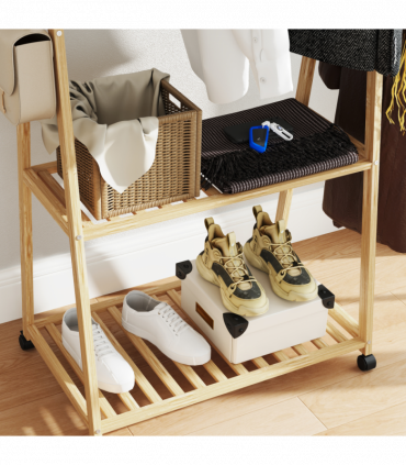 HOMCOM Bamboo Clothes Rail Rack with 2 Storage Shelves, Natural Wood Effect