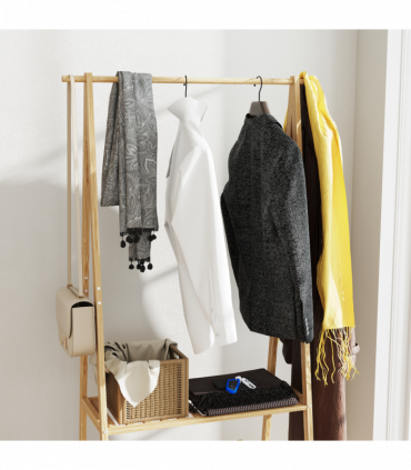 HOMCOM Bamboo Clothes Rail Rack with 2 Storage Shelves, Natural Wood Effect