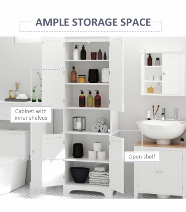 183x60cm Tall Freestanding Bathroom Cabinet Retro Shutters 3 Compartments White