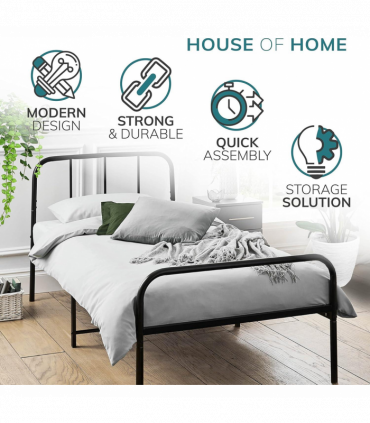 Extra Strong Single Metal Bed Frame with Rounded Head and Foot Board In Black - Improved