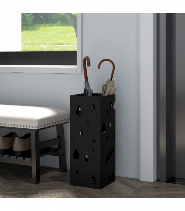 HOMCOM Metal Umbrella Stand, Square Umbrella Basket with 4 Hooks and Drip Tray