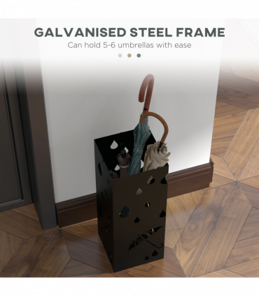 HOMCOM Metal Umbrella Stand, Square Umbrella Basket with 4 Hooks and Drip Tray