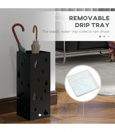 HOMCOM Metal Umbrella Stand, Square Umbrella Basket with 4 Hooks and Drip Tray