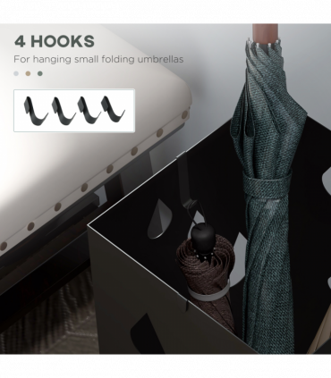 HOMCOM Metal Umbrella Stand, Square Umbrella Basket with 4 Hooks and Drip Tray