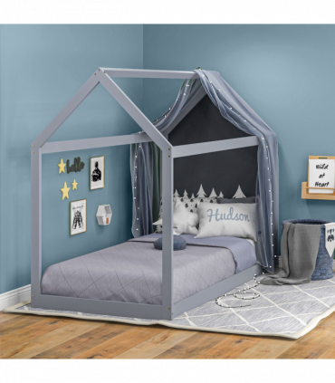 HOMCOM Wooden Single Bed Frame with Tree House Style, Grey