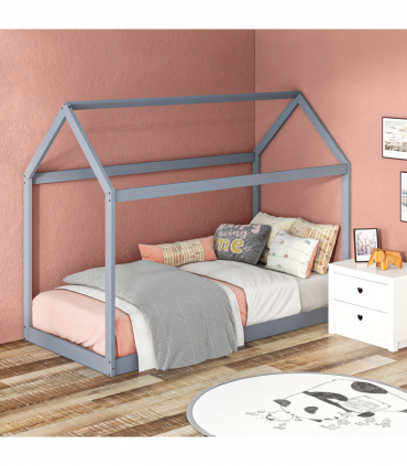 HOMCOM Wooden Single Bed Frame with Tree House Style, Grey