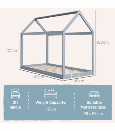 HOMCOM Wooden Single Bed Frame with Tree House Style, Grey