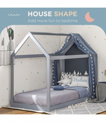 HOMCOM Wooden Single Bed Frame with Tree House Style, Grey