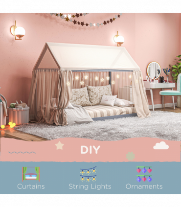 HOMCOM Wooden Single Bed Frame with Tree House Style, Grey