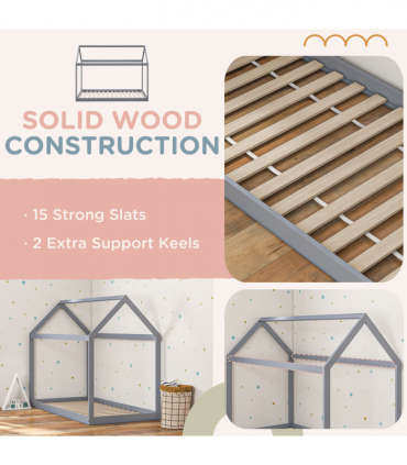 HOMCOM Wooden Single Bed Frame with Tree House Style, Grey