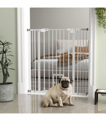 PawHut Extra Tall Dog Gate with Cat Door Auto Close for Stairs 74-101 cm Wide
