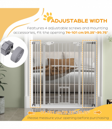 PawHut Extra Tall Dog Gate with Cat Door Auto Close for Stairs 74-101 cm Wide