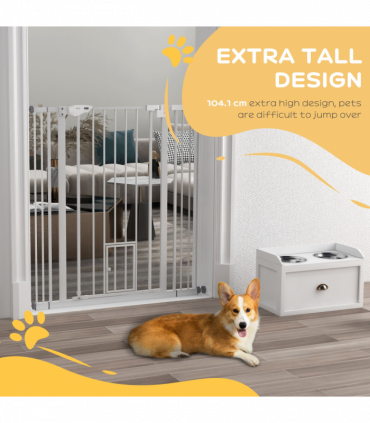 PawHut Extra Tall Dog Gate with Cat Door Auto Close for Stairs 74-101 cm Wide
