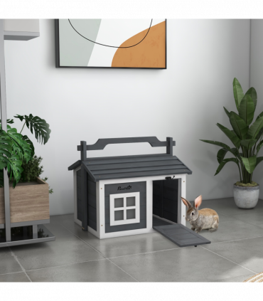 PawHut Rabbit Hutch Indoor Outdoor w/ Top Handle, Openable Roof - Grey
