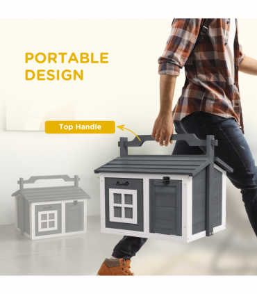 PawHut Rabbit Hutch Indoor Outdoor w/ Top Handle, Openable Roof - Grey