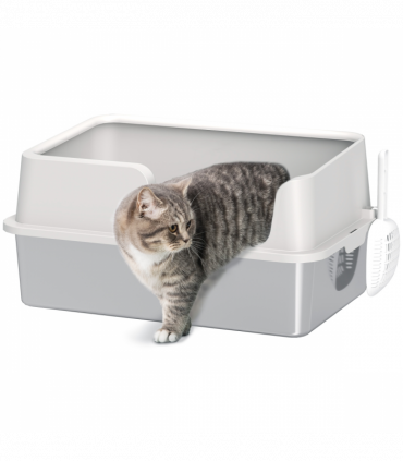 PawHut Stainless Steel Litter Box, High Sided Metal Cat Litter Tray w/ Scoop