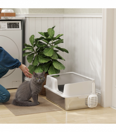 PawHut Stainless Steel Litter Box, High Sided Metal Cat Litter Tray w/ Scoop