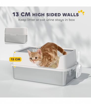 PawHut Stainless Steel Litter Box, High Sided Metal Cat Litter Tray w/ Scoop