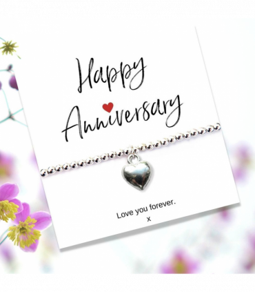 Silver Heart Beaded Bracelet &  Anniversary Message Card