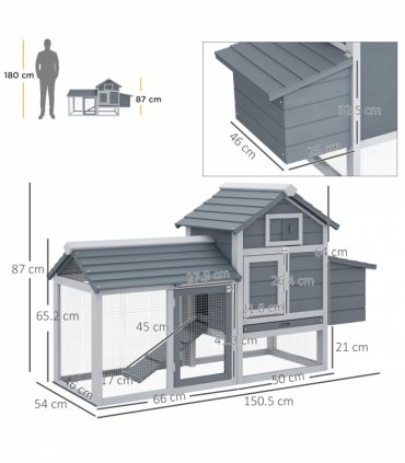 Small Chicken Coop Hen Cage Nesting Box w/ Outdoor Run Grey 150.5 x 54 x 87 cm