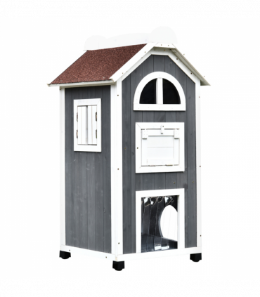 Solid Wood Cat Condo Furniture 2-Floor Pet Shelter, Grey and White, 109H cm
