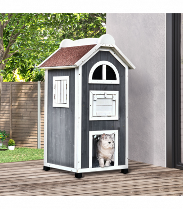 Solid Wood Cat Condo Furniture 2-Floor Pet Shelter, Grey and White, 109H cm