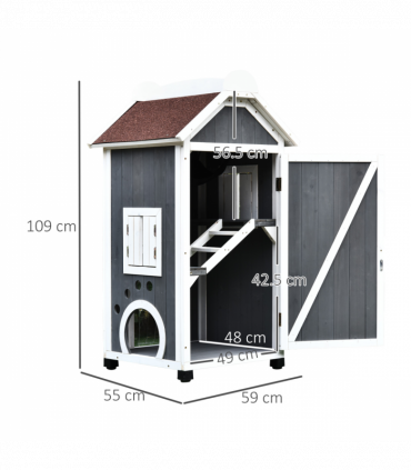 Solid Wood Cat Condo Furniture 2-Floor Pet Shelter, Grey and White, 109H cm