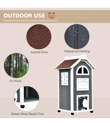 Solid Wood Cat Condo Furniture 2-Floor Pet Shelter, Grey and White, 109H cm