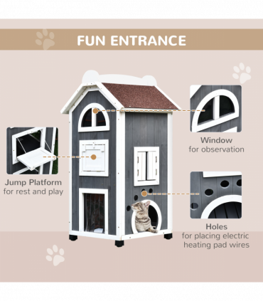 Solid Wood Cat Condo Furniture 2-Floor Pet Shelter, Grey and White, 109H cm