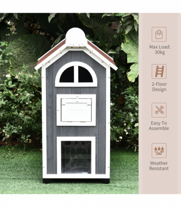 Solid Wood Cat Condo Furniture 2-Floor Pet Shelter, Grey and White, 109H cm