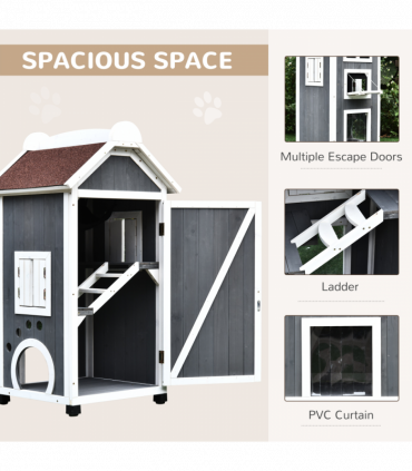 Solid Wood Cat Condo Furniture 2-Floor Pet Shelter, Grey and White, 109H cm