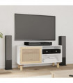 TV Cabinet White 80x30x40 cm Solid Wood Pine and Natural Rattan