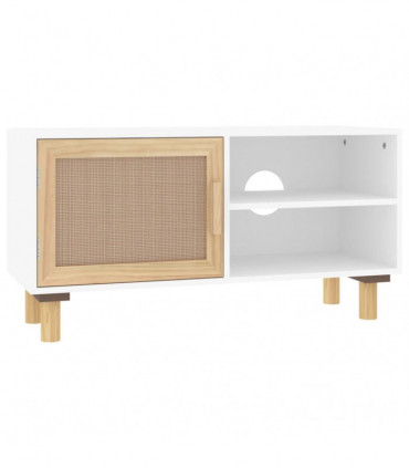 TV Cabinet White 80x30x40 cm Solid Wood Pine and Natural Rattan
