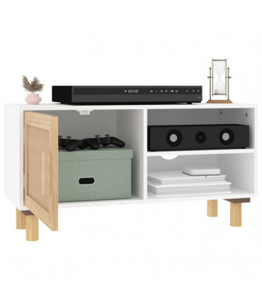 TV Cabinet White 80x30x40 cm Solid Wood Pine and Natural Rattan