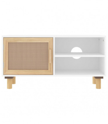 TV Cabinet White 80x30x40 cm Solid Wood Pine and Natural Rattan