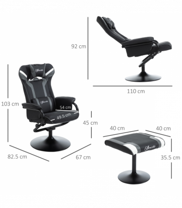 Video Game Chair Footrest Set Racing Style w/ Pedestal Base, Deep Grey