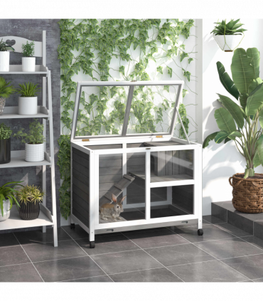 Wood Rabbit Hutch Bunny Cage Pet House Indoor W/ Tray Ramp, Grey Pawhut